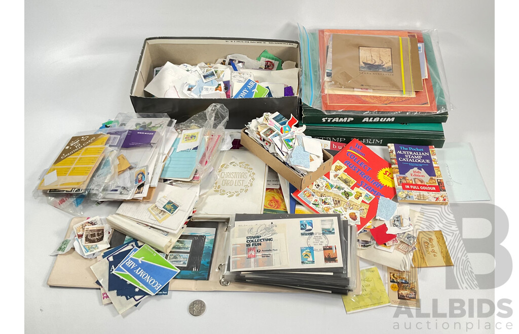 Collection of Australian 1970-80's Mint Stamp Blocks and First Day Covers with Two Albums and Shoe Box of Cancelled Stamps Including Predecimal and Stamp Bulletins