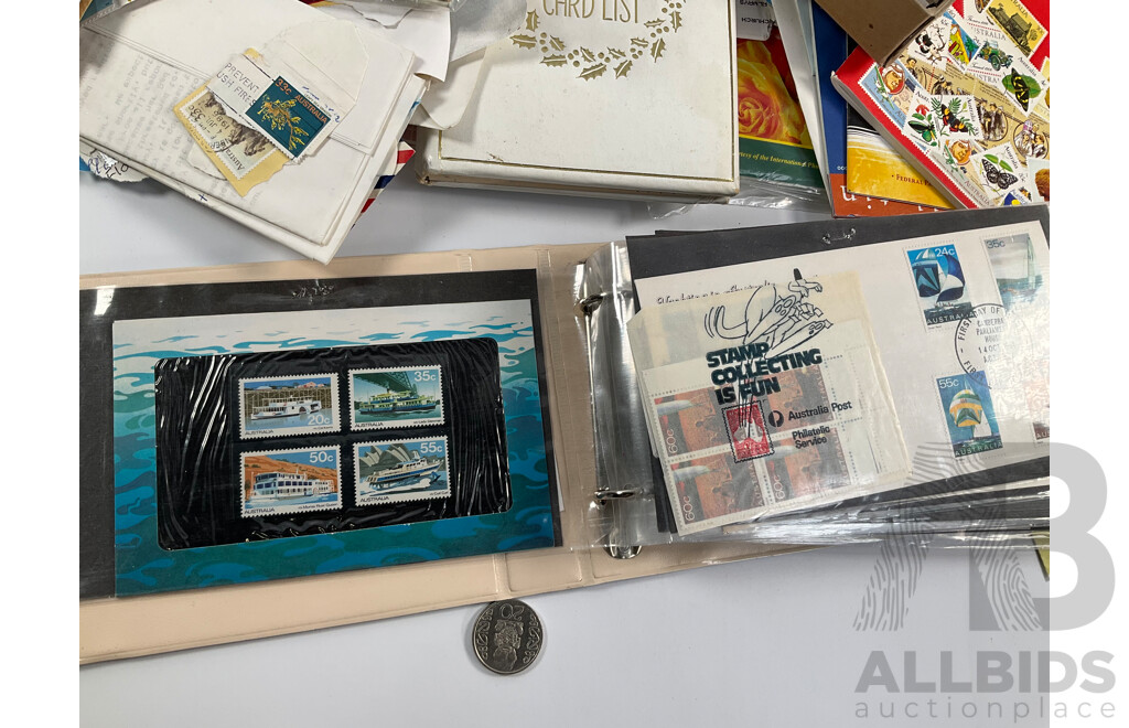 Collection of Australian 1970-80's Mint Stamp Blocks and First Day Covers with Two Albums and Shoe Box of Cancelled Stamps Including Predecimal and Stamp Bulletins