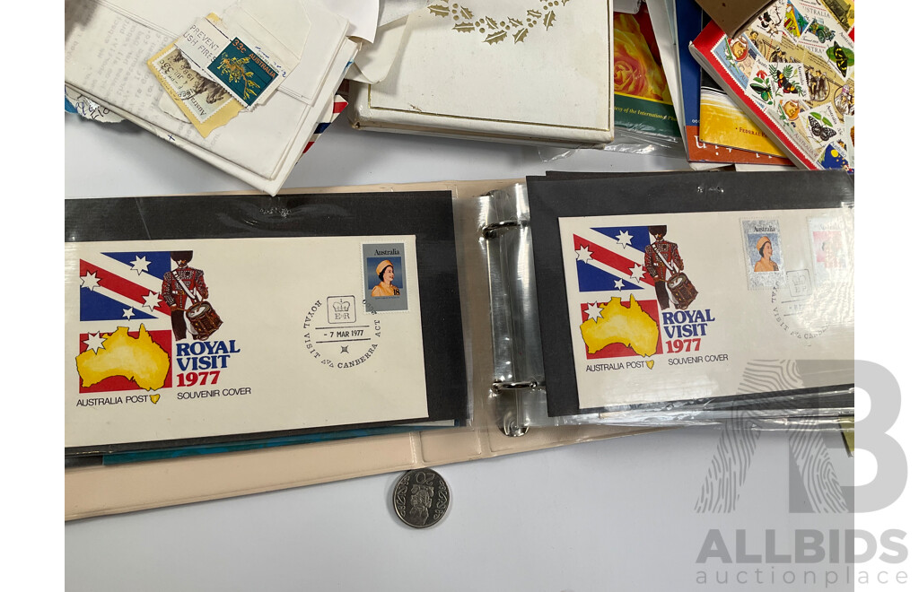Collection of Australian 1970-80's Mint Stamp Blocks and First Day Covers with Two Albums and Shoe Box of Cancelled Stamps Including Predecimal and Stamp Bulletins