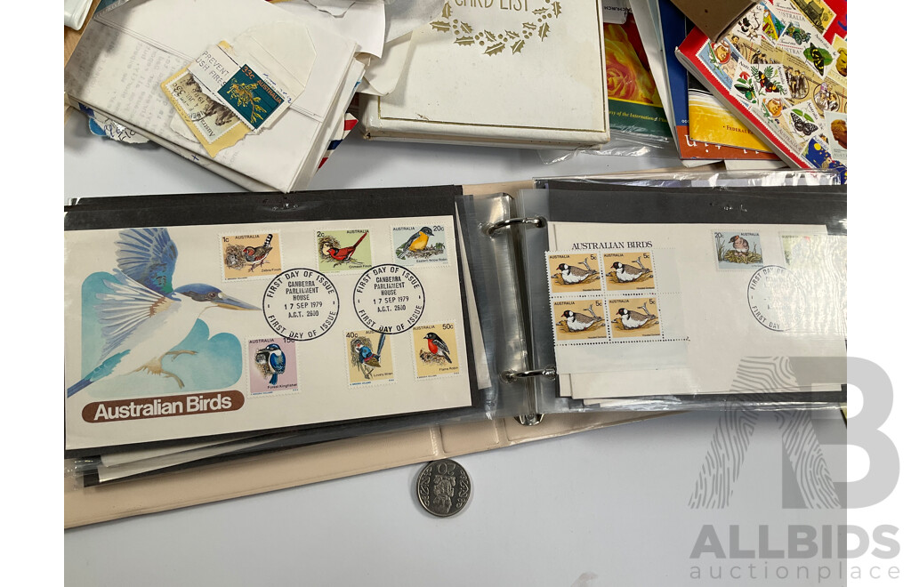 Collection of Australian 1970-80's Mint Stamp Blocks and First Day Covers with Two Albums and Shoe Box of Cancelled Stamps Including Predecimal and Stamp Bulletins