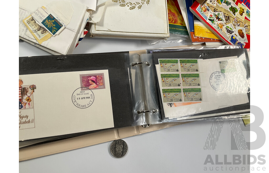Collection of Australian 1970-80's Mint Stamp Blocks and First Day Covers with Two Albums and Shoe Box of Cancelled Stamps Including Predecimal and Stamp Bulletins