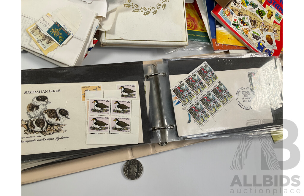 Collection of Australian 1970-80's Mint Stamp Blocks and First Day Covers with Two Albums and Shoe Box of Cancelled Stamps Including Predecimal and Stamp Bulletins