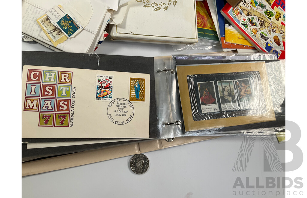 Collection of Australian 1970-80's Mint Stamp Blocks and First Day Covers with Two Albums and Shoe Box of Cancelled Stamps Including Predecimal and Stamp Bulletins