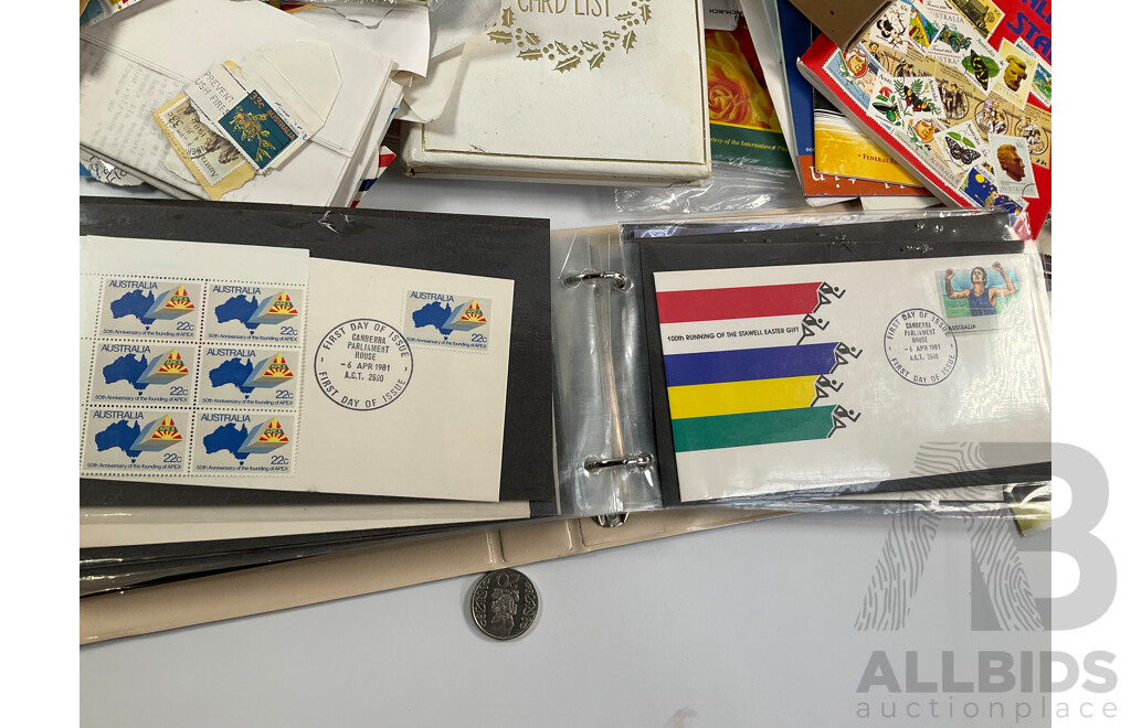 Collection of Australian 1970-80's Mint Stamp Blocks and First Day Covers with Two Albums and Shoe Box of Cancelled Stamps Including Predecimal and Stamp Bulletins