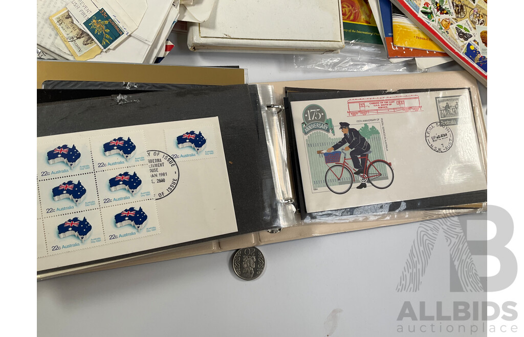 Collection of Australian 1970-80's Mint Stamp Blocks and First Day Covers with Two Albums and Shoe Box of Cancelled Stamps Including Predecimal and Stamp Bulletins
