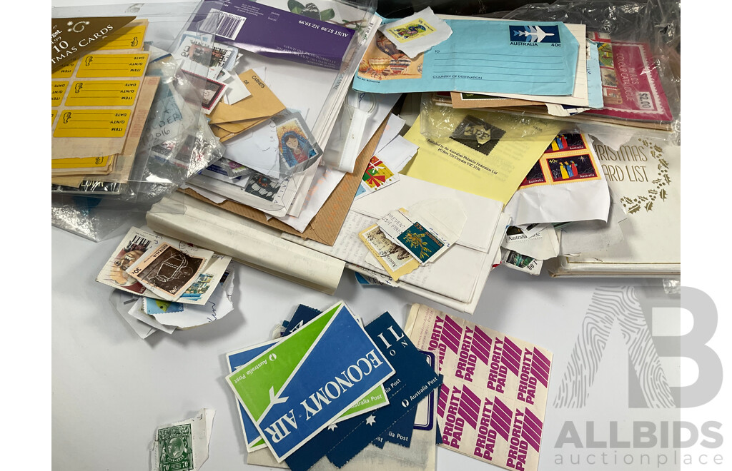 Collection of Australian 1970-80's Mint Stamp Blocks and First Day Covers with Two Albums and Shoe Box of Cancelled Stamps Including Predecimal and Stamp Bulletins