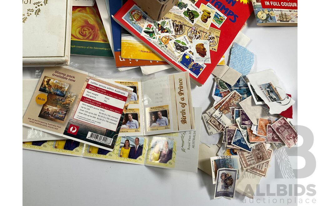 Collection of Australian 1970-80's Mint Stamp Blocks and First Day Covers with Two Albums and Shoe Box of Cancelled Stamps Including Predecimal and Stamp Bulletins