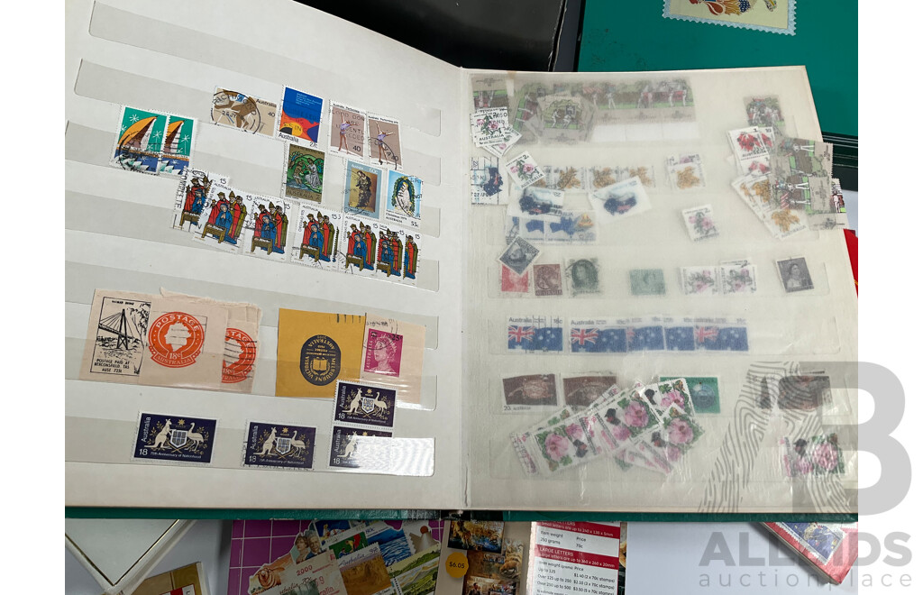 Collection of Australian 1970-80's Mint Stamp Blocks and First Day Covers with Two Albums and Shoe Box of Cancelled Stamps Including Predecimal and Stamp Bulletins