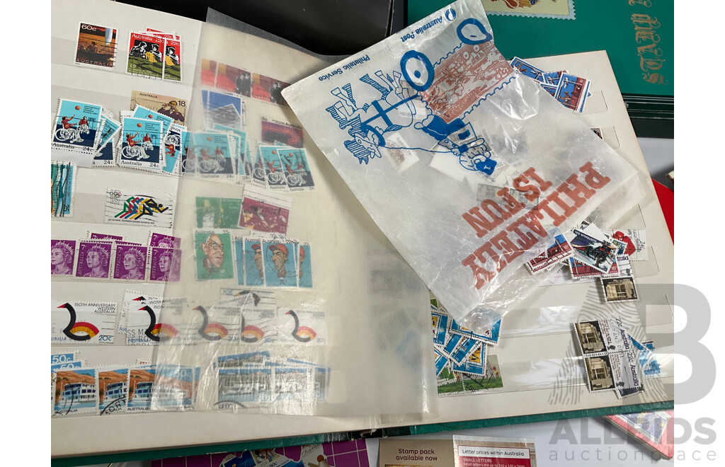Collection of Australian 1970-80's Mint Stamp Blocks and First Day Covers with Two Albums and Shoe Box of Cancelled Stamps Including Predecimal and Stamp Bulletins