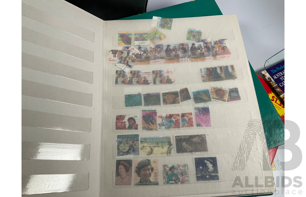 Collection of Australian 1970-80's Mint Stamp Blocks and First Day Covers with Two Albums and Shoe Box of Cancelled Stamps Including Predecimal and Stamp Bulletins