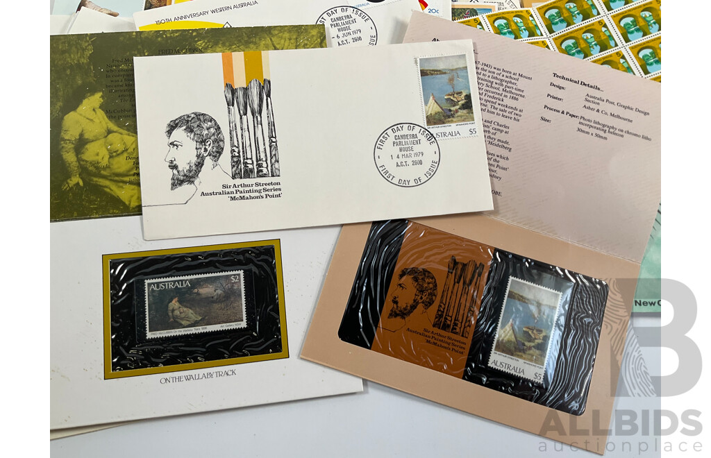 Collection of Australian 1970-80's Stamp Packs and First Day Covers Including Mint Five Dollar Sir Arthur Streeton, Stamp Week , Joint Issue and More
