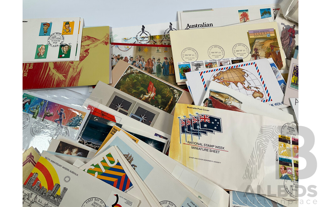 Collection of Australian 1970-80's Stamp Packs and First Day Covers Including Mint Five Dollar Sir Arthur Streeton, Stamp Week , Joint Issue and More