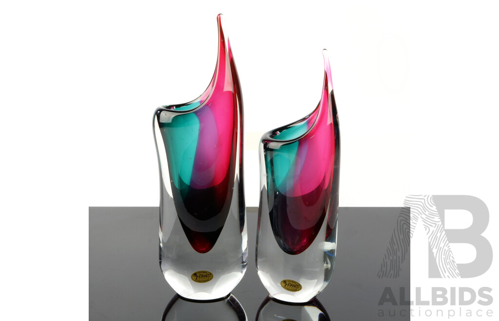 Two Retro Rikaro Graduating Sized Glass Sommerso Vases with Original Labels