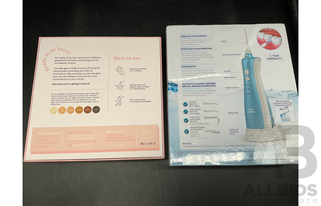 GO BARE IPL Laser Removal, HYDRO PIK Cordless Water Flosser - Lot of 2
