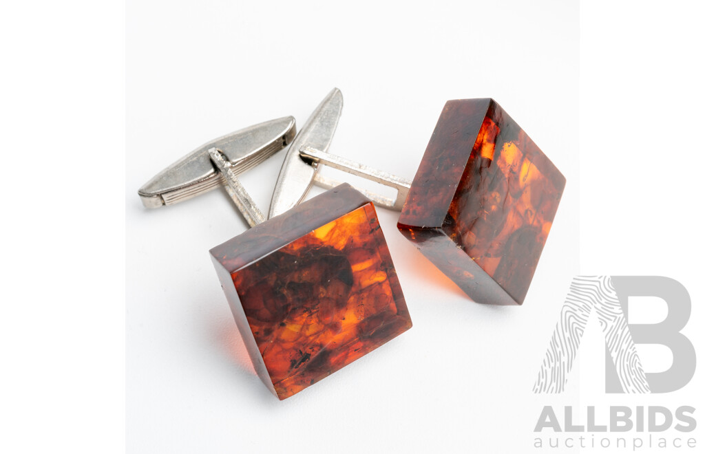 Vintage Natural Baltic Amber Cuff Links, 16mm X 16mm Squares