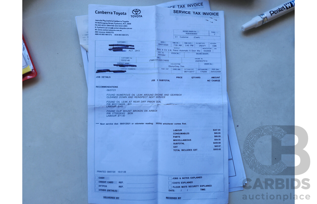 3/2008 Toyota Rav4 CV (4x4) ACA33R 4d Wagon Black 2.4L