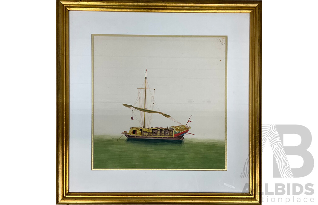 Chinese Junk Painting with Golden Frame (53x53x2.5cm)