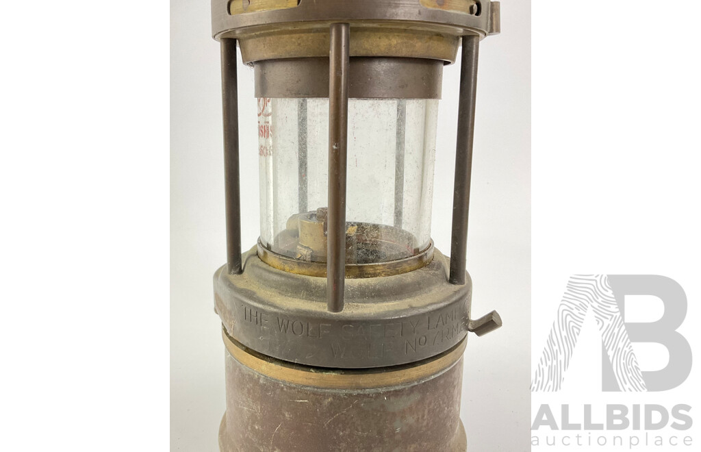 Vintage 'The Wolf' Safety Lamp Co Number Seven Miners Lamp, Made in England
