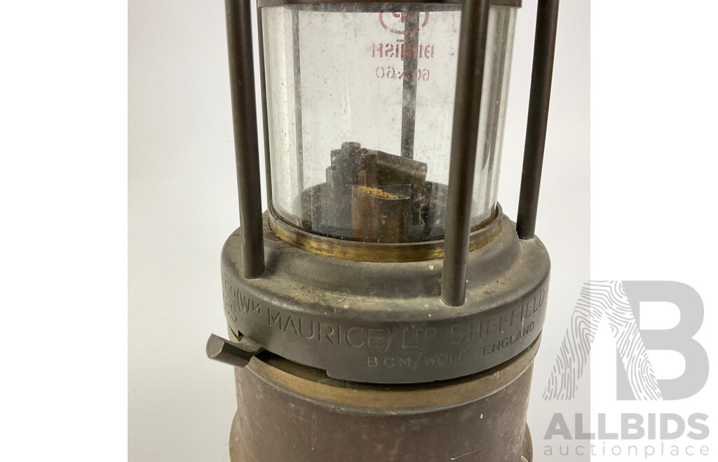 Vintage 'The Wolf' Safety Lamp Co Number Seven Miners Lamp, Made in England