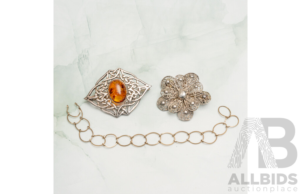 Vintage Sterling Silver Amber Cabochon Brooch & Silver Filigree Flower Brooch