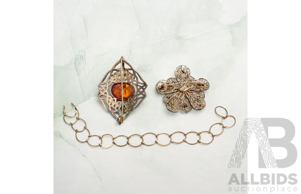 Vintage Sterling Silver Amber Cabochon Brooch & Silver Filigree Flower Brooch