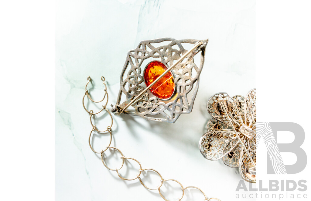 Vintage Sterling Silver Amber Cabochon Brooch & Silver Filigree Flower Brooch