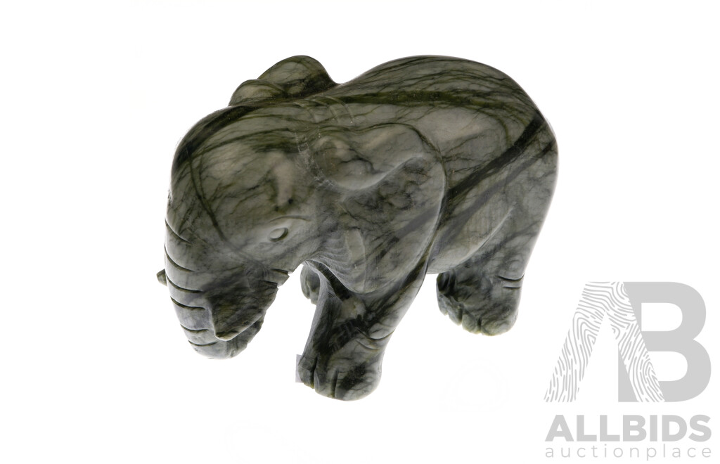 Hand Carved Green Serpentine Polished Stone Elephant Figure