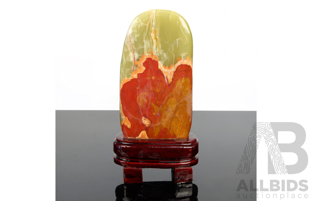 Carved Polished Banded Onyx Stone Scholars Rock on Wooden Stand