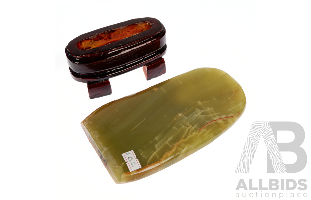 Carved Polished Banded Onyx Stone Scholars Rock on Wooden Stand