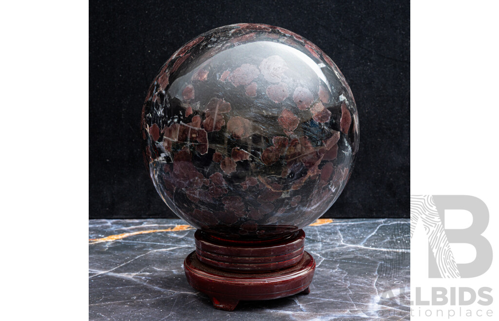 Large Polished 'Fireworks' Sphere on Stand, Black with Red Inclusions, Bowling Ball Sized