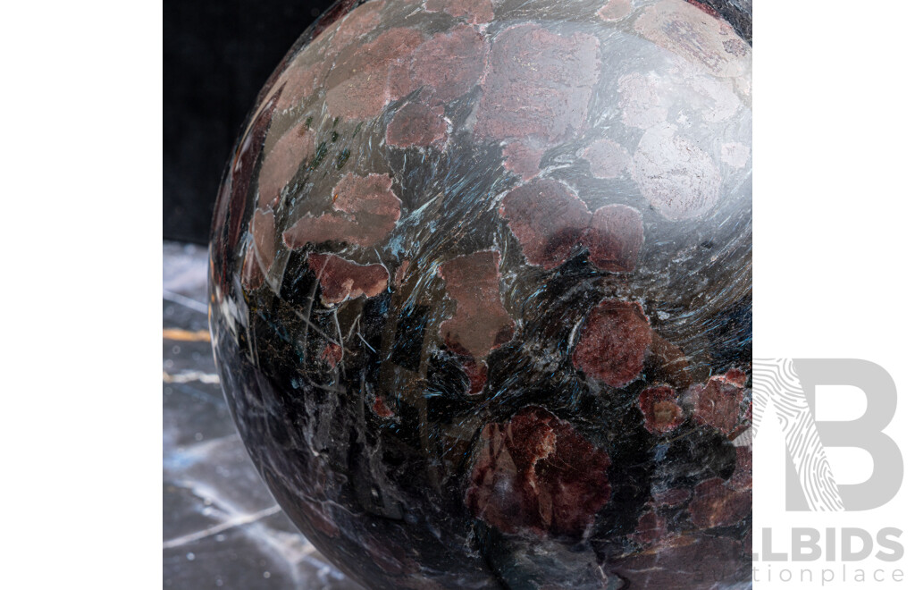 Large Polished 'Fireworks' Sphere on Stand, Black with Red Inclusions, Bowling Ball Sized