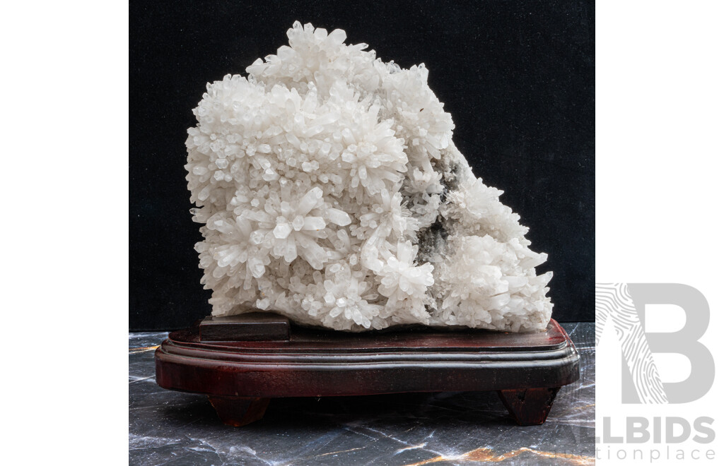 Impressive Large Quartz Crystal Cluster with Crystal Flowers on Carved Wooden Stand