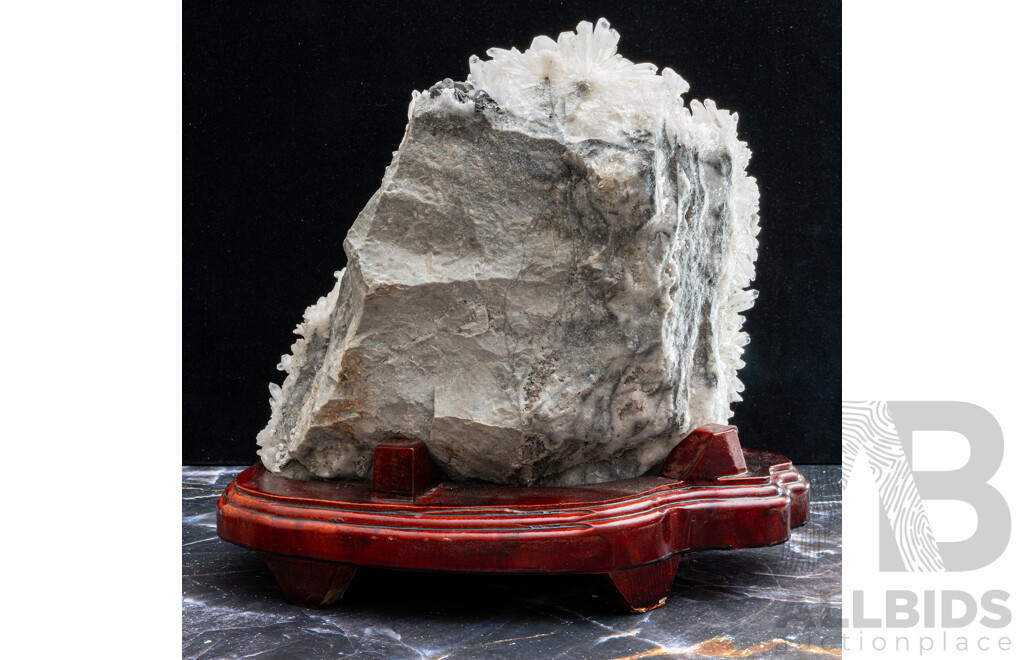 Impressive Large Quartz Crystal Cluster with Crystal Flowers on Carved Wooden Stand