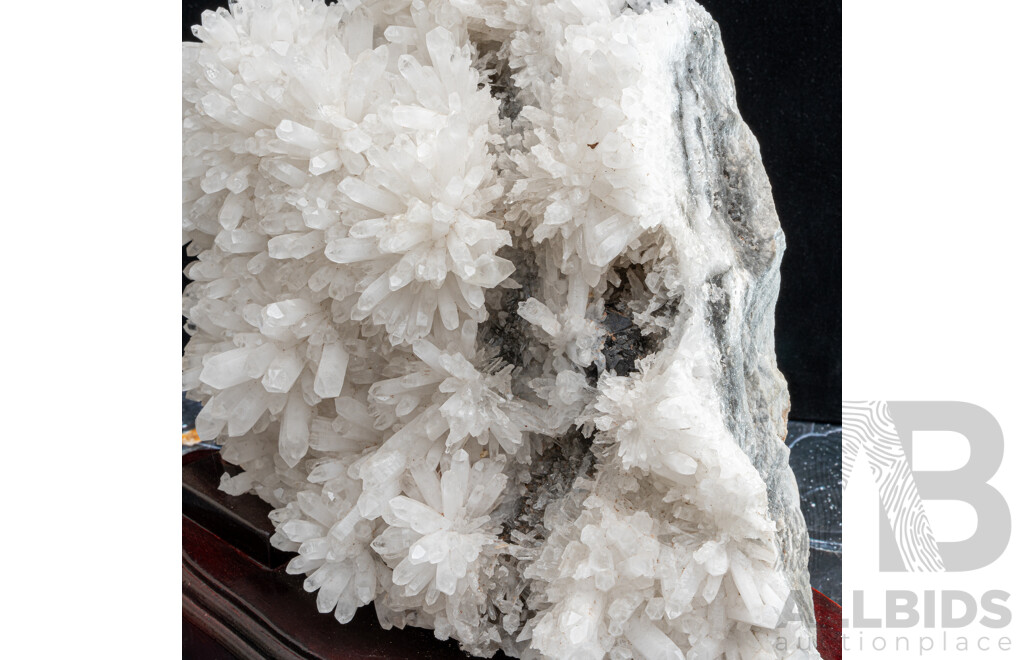 Impressive Large Quartz Crystal Cluster with Crystal Flowers on Carved Wooden Stand
