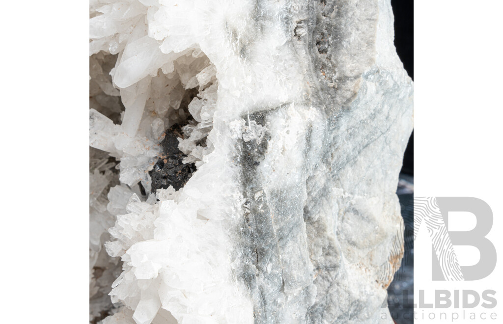 Impressive Large Quartz Crystal Cluster with Crystal Flowers on Carved Wooden Stand