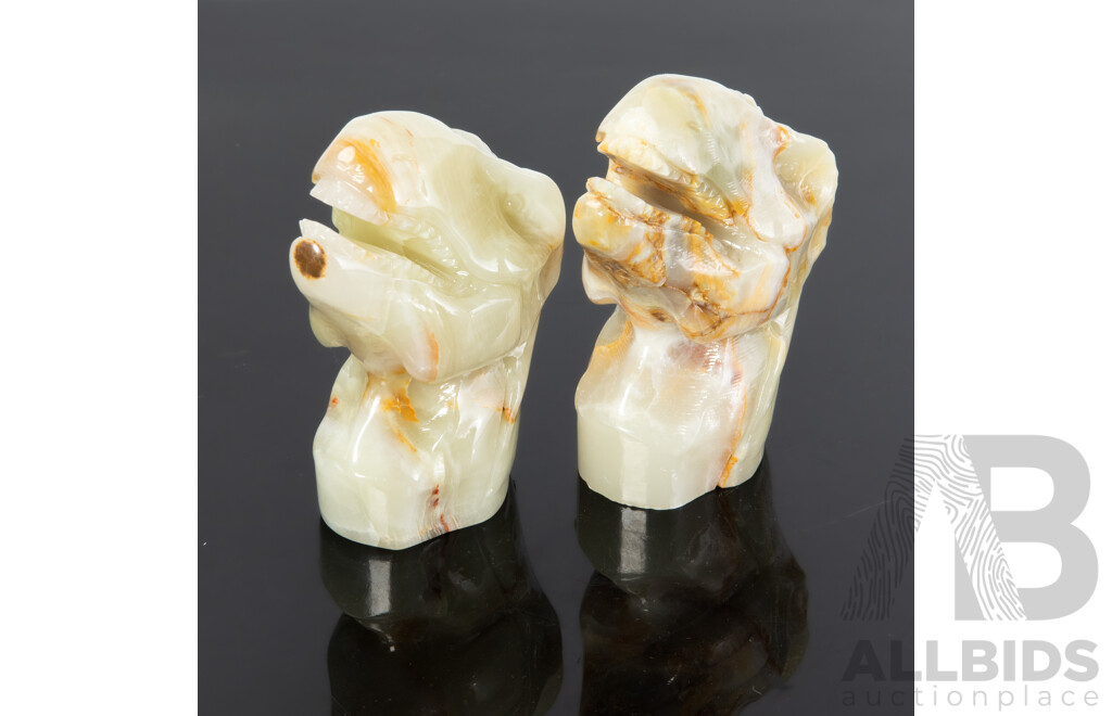 Pair Carved Green Onyx Dinosaur Tyrannosaurus Bust Figures