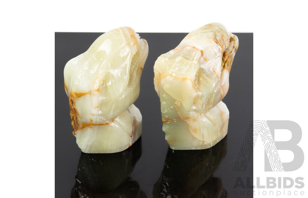 Pair Carved Green Onyx Dinosaur Tyrannosaurus Bust Figures