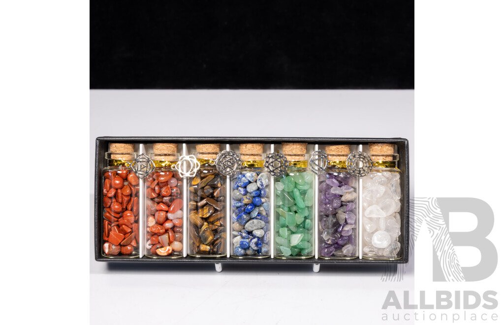 Collection Polished Stone Mineral Specimens in Glass Vials Including Lapis Lazuli, Tigers Eye, Amethyst and More