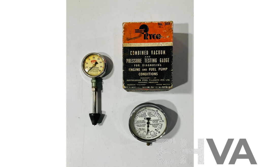 Vintage Repco Cylinder Compression Gauge and Ryco Combined Vacuum Pressure Testing Gauge