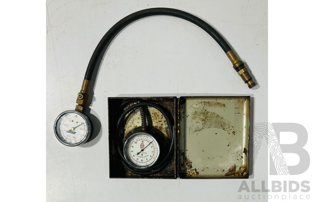 Vintage Automotive USG Cylinder Compression Gauge and Bastian Blessing Co Ounces per Square Inch Gauge, Both Made in USA