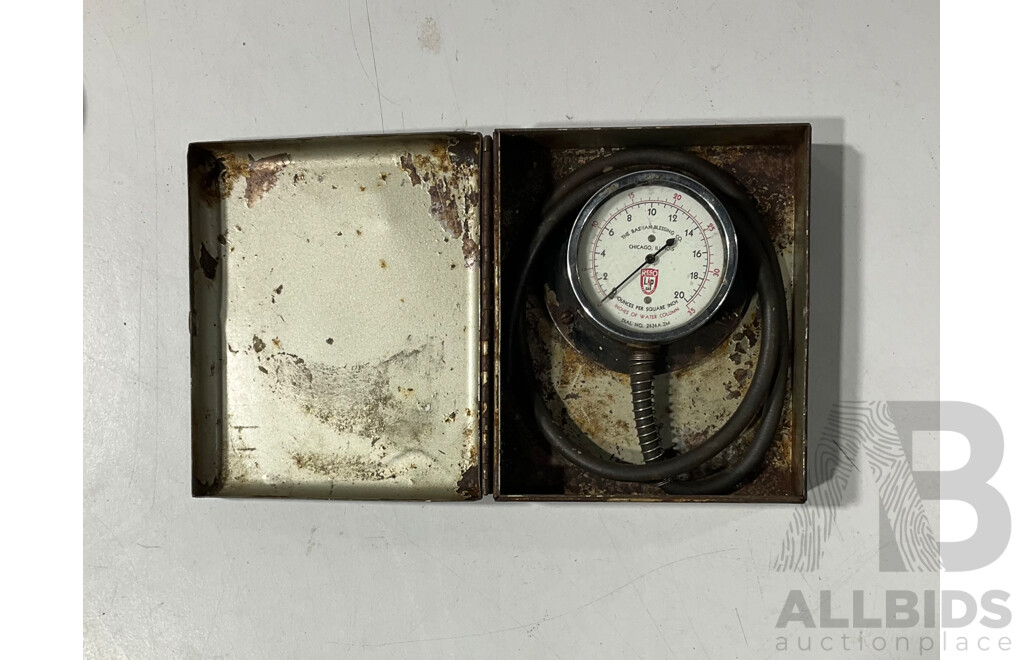 Vintage Automotive USG Cylinder Compression Gauge and Bastian Blessing Co Ounces per Square Inch Gauge, Both Made in USA