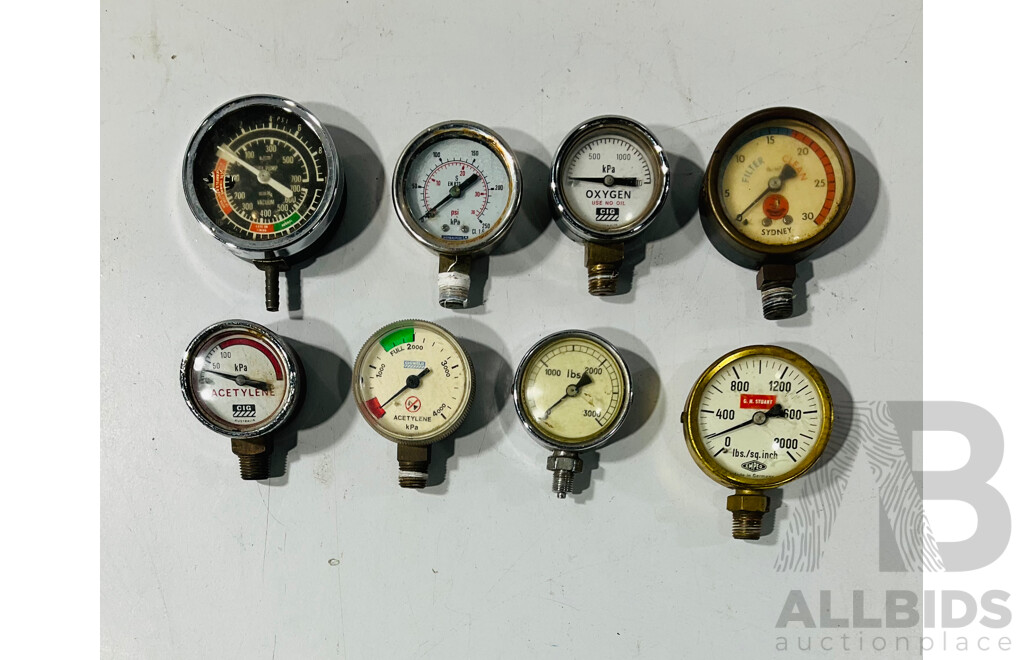 Collection of Small Pressure and Vacuum Gauges Including Wormald Fire Extinguisher and Empeo Pressure