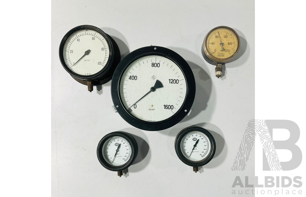 Five Large Pressure Gauges Including R.V.B and Dobbie Bros