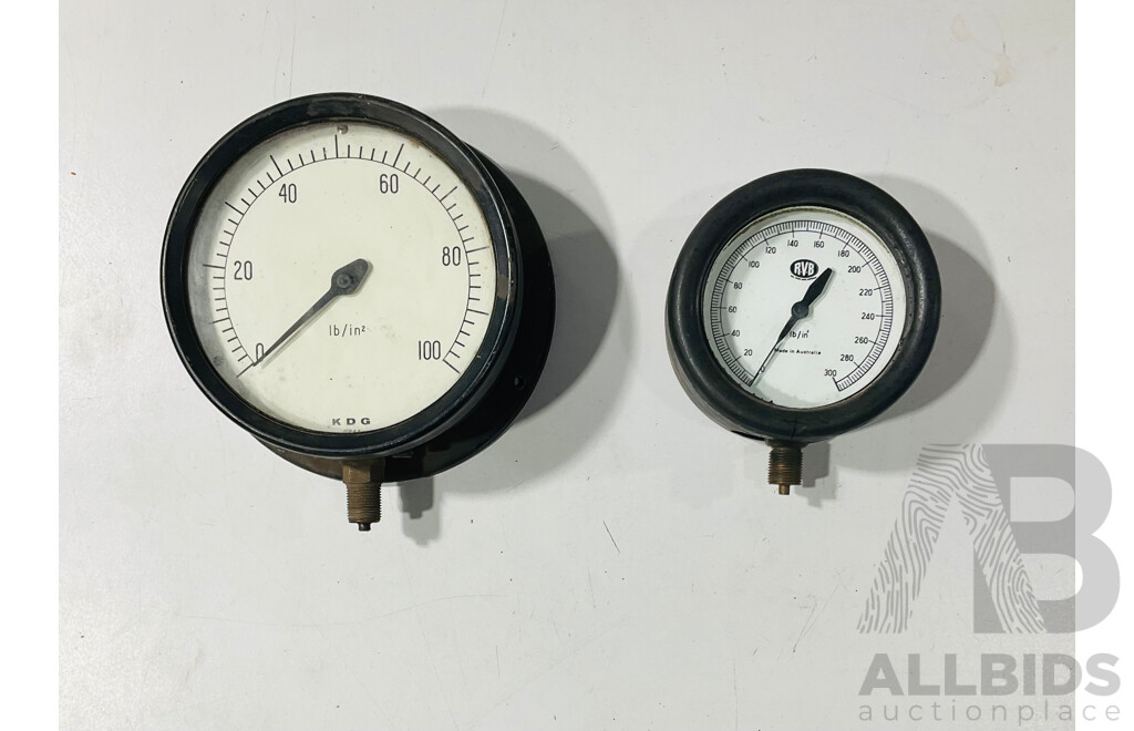 Five Large Pressure Gauges Including R.V.B and Dobbie Bros