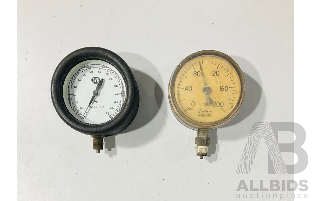 Five Large Pressure Gauges Including R.V.B and Dobbie Bros