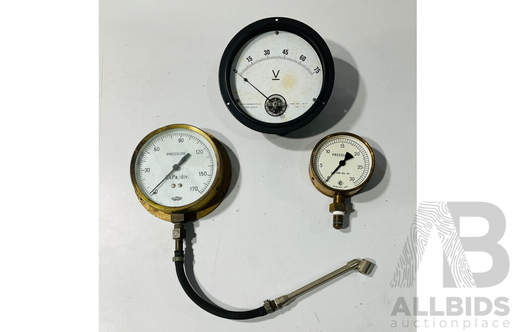 Three Vintage Australian Gauges Including Master Instruments Volt Meter, NIC Pressure, Floyd Pressure