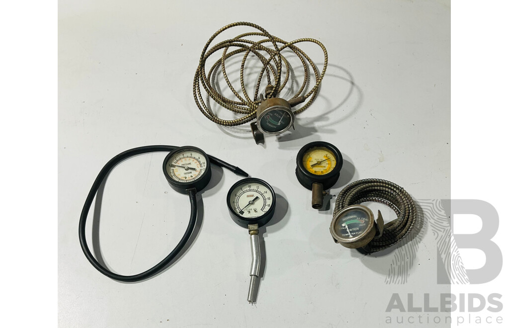 Vintage Caterpillar Tire Pressure Gauge, Two Mechanical Temperature Gauges, Dixco Compression Gauge, Vacuum/Pressure Gauge