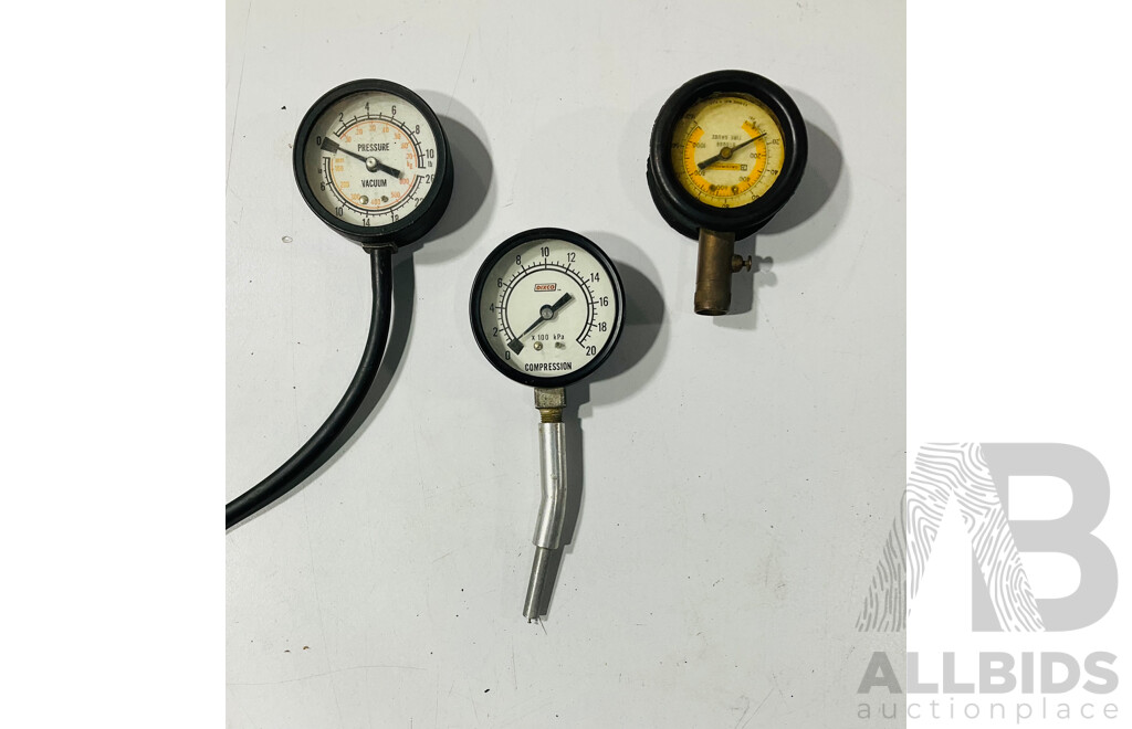 Vintage Caterpillar Tire Pressure Gauge, Two Mechanical Temperature Gauges, Dixco Compression Gauge, Vacuum/Pressure Gauge