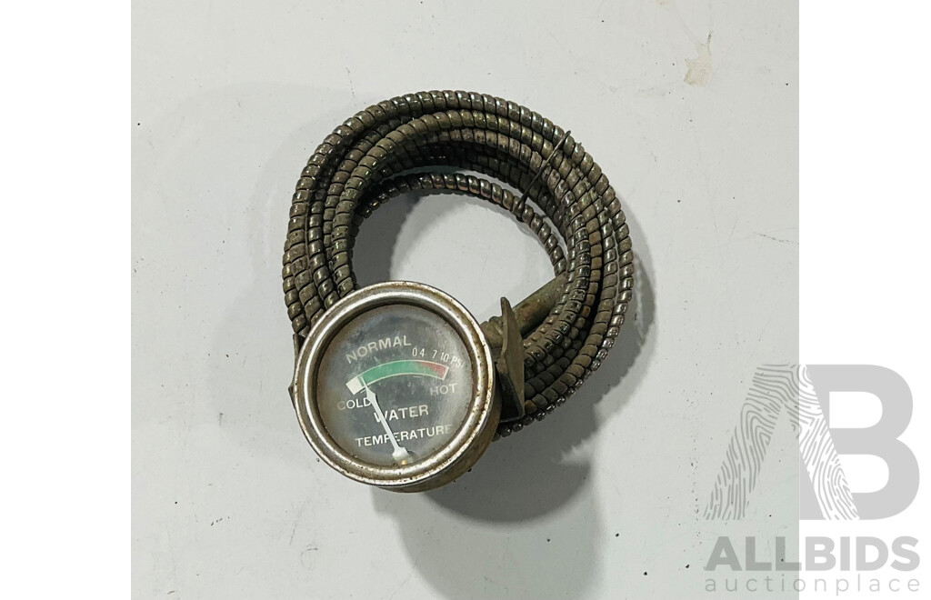 Vintage Caterpillar Tire Pressure Gauge, Two Mechanical Temperature Gauges, Dixco Compression Gauge, Vacuum/Pressure Gauge