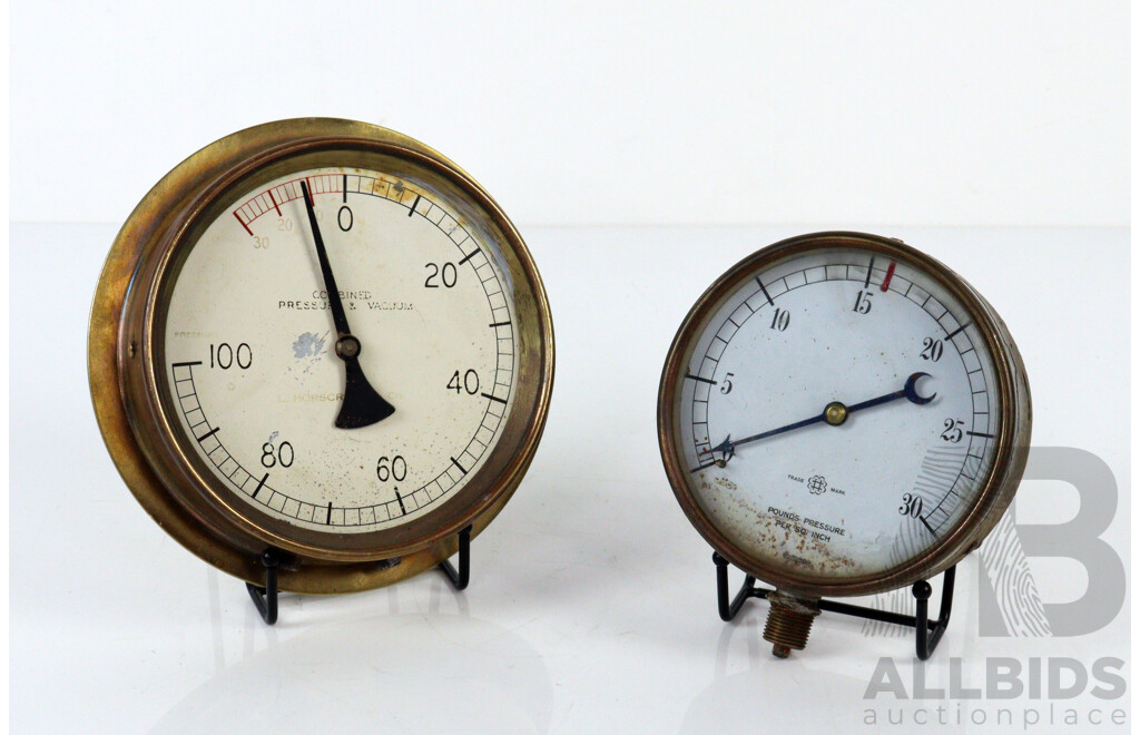 Pair of Vintage Brass Pressure Gauges